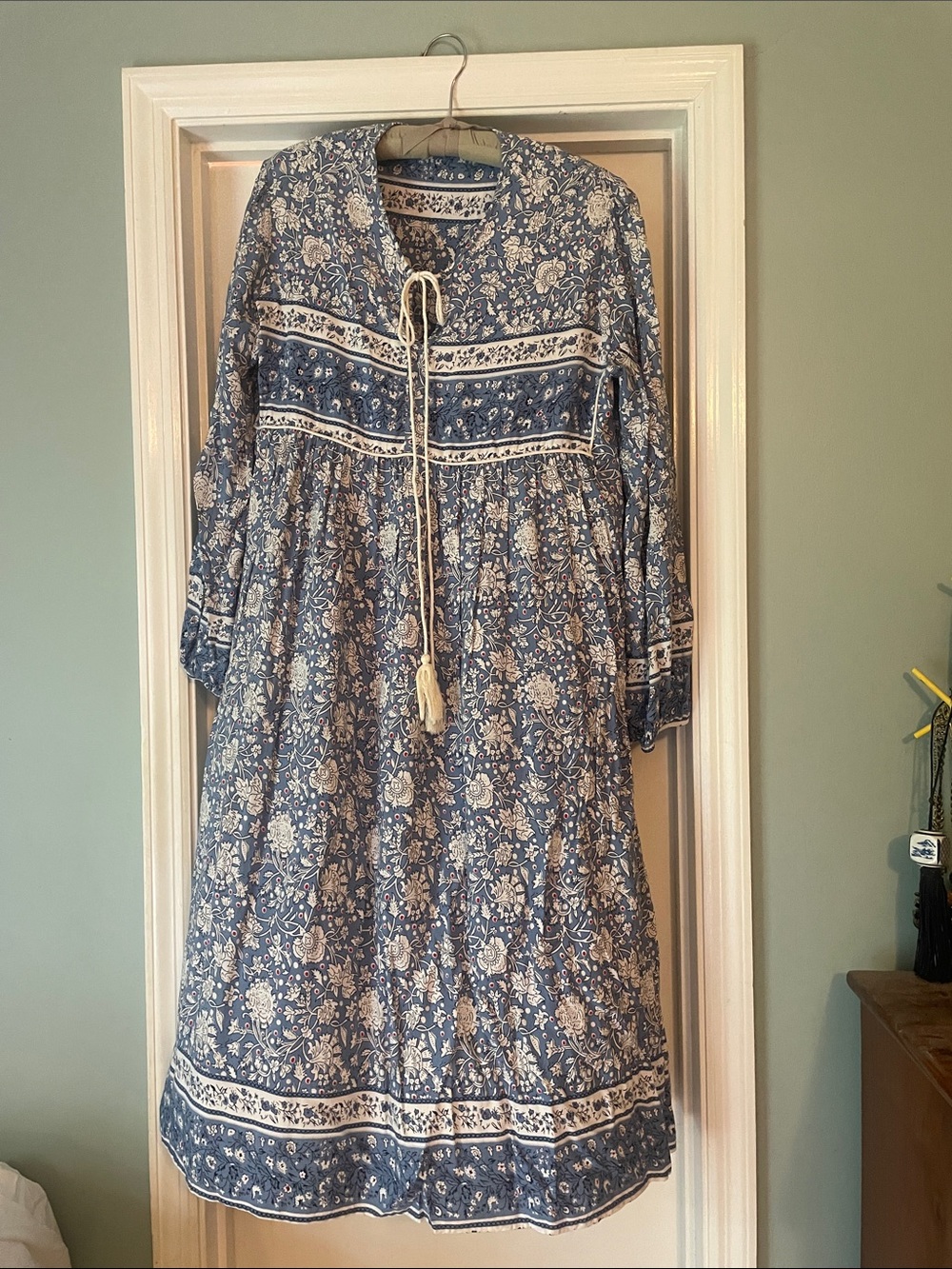 Blue Floral Long-Sleeve Tie-Front Midi Dress